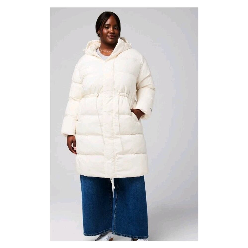 Fabletics Womens Essential Long‎ Puffer Coat 2X Bone Ivory Cinch Waist 2 Way Zip
